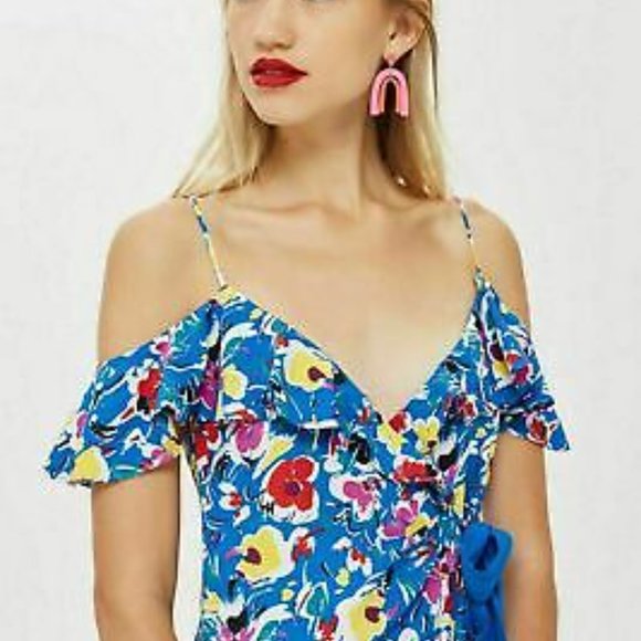 Blue Floral Off the Shoulder Wrap Dress - Topshop - Picture 2 of 7